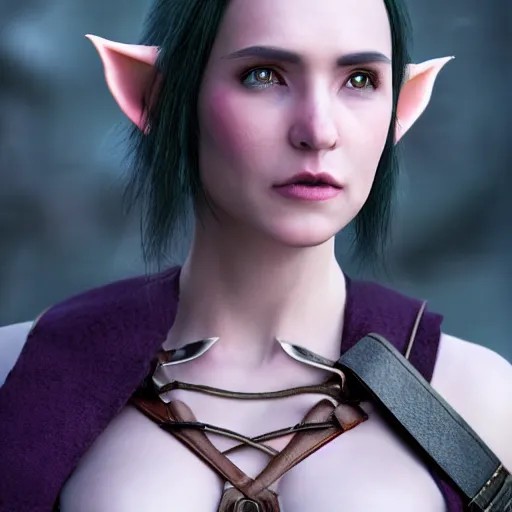 Image similar to anya charlota as a medieval fantasy tolkien elf, dark purplish hair tucked behind ears, wearing leather with a fur lined collar, wide, muscular build, scar across the nose, one black, scaled arm, cinematic, character art, real life, 8 k, detailed.