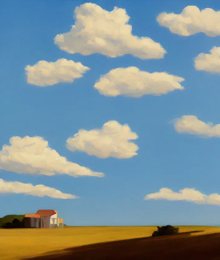 Image similar to baby blue sky with very aesthetic stylized clouds, in the style of edward hopper, very fine brushstrokes, 4 k,