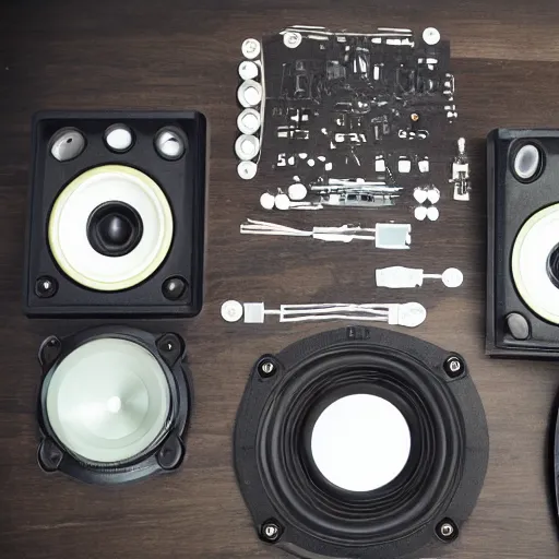 Image similar to a speaker taken apart and all its parts laid out neatly on a table