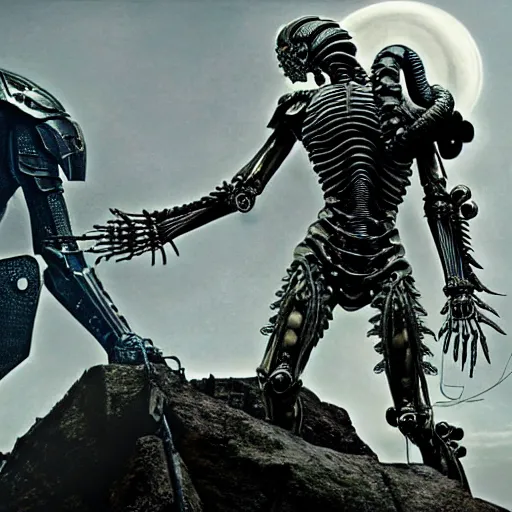 Prompt: still frame from Prometheus movie by giger, necron lord skorpekh editorial by Malczewski, biomechanical armoured knight by Wayne Barlowe, ornate elaborate complex artifact of annihilation by Alan merrett