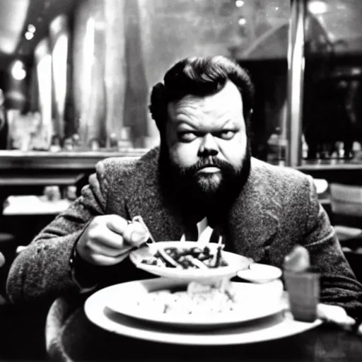 Prompt: orson welles eating. award winning photography. restaurant in the background