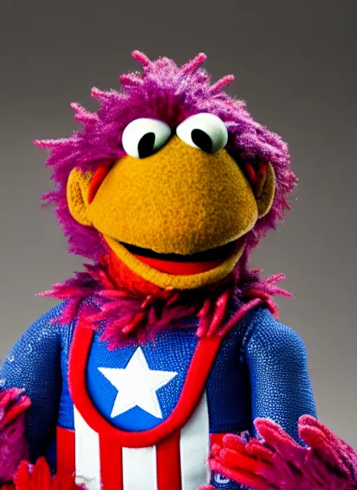 Image similar to studio portrait still of muppet!!!!! captain america in avengers infinity war!!!!!! as a muppet muppet as a muppet, 8 k, studio lighting, key light,