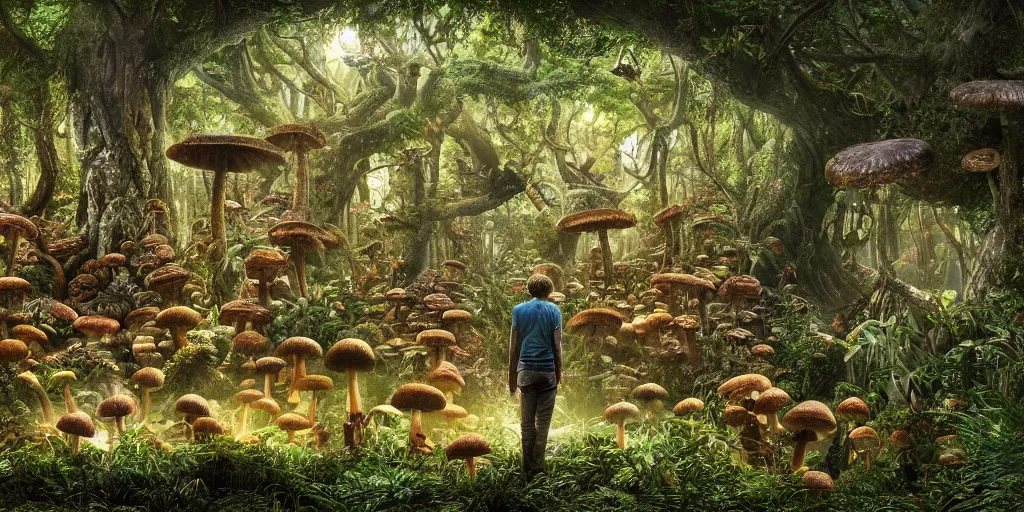 Image similar to extra wide view. person made of mushrooms standing in a marvelous magic forest jungle inhabited with fantastic creatures. iridescent. annihilation. hyper - detailed. hyperreal. unreal render.