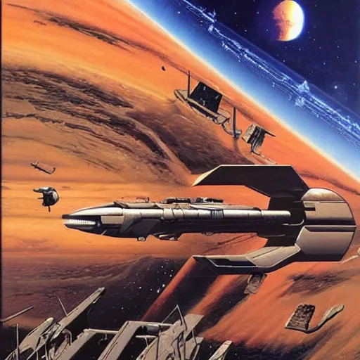 Image similar to science - fiction novel cover art by peter elson, syd mead, detailed, cinematic,