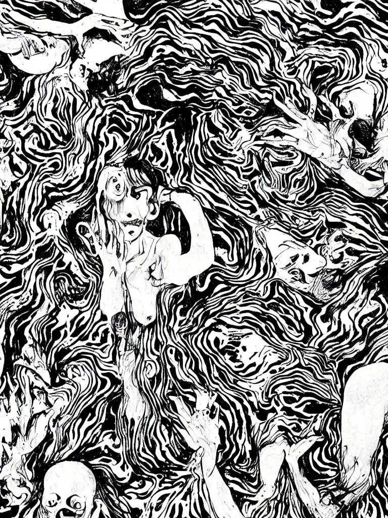 Image similar to black and white illustration creative design junji ito body horror psychedelic