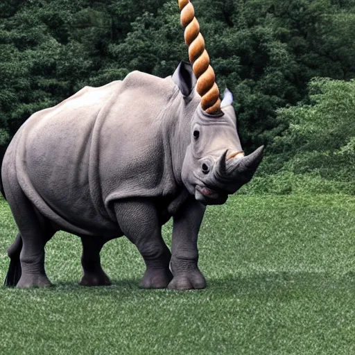 Image similar to photo of a bipedal creature with a rhino face and long tail and unicorn horn