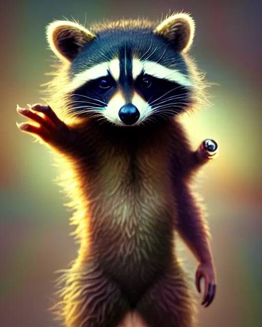 Image similar to Very cute Racoon, (((artstation, concept art, smooth, sharp focus, artgerm, Tomasz Alen Kopera, Peter Mohrbacher, donato giancola, Joseph Christian Leyendecker, WLOP, Boris Vallejo))), octane render, unreal engine, 3d render, , octane render, nvidia raytracing demo, grainy, muted