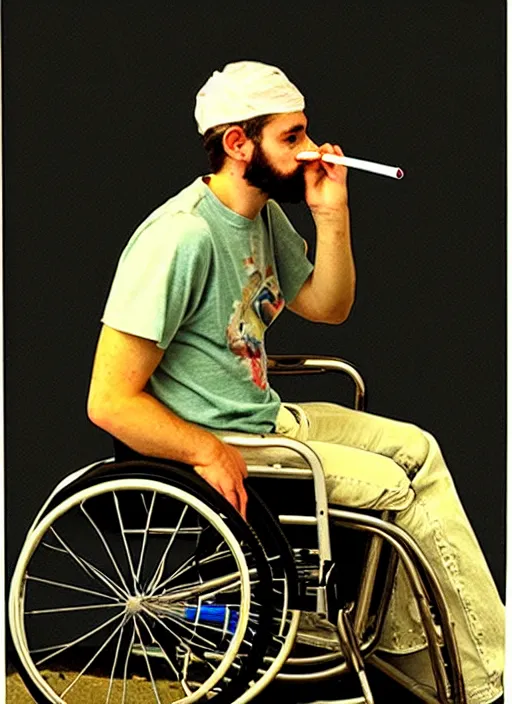 Prompt: timothy chamelet smoking a joint sitting in a wheel chair, photo, realistic