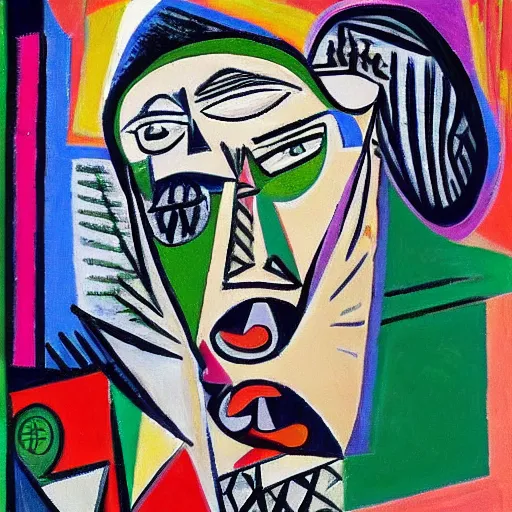 Prompt: an angry man screams at his computer monitor, in the style of pablo picasso