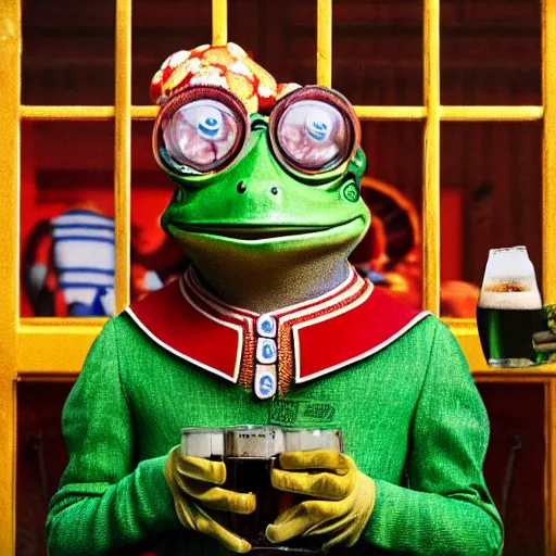 Prompt: a high resolution cinematic medium shot professional photo of frog drinking beer, from the grand budapest hotel, in style of wes anderson.