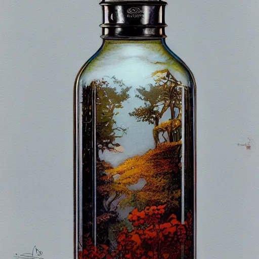 Prompt: a beautiful landscape contained inside an ornate vintage bottle by charles vess, studio ghibli & james gurney, artstation, 8 k, beautiful light, hyperrealism, studio photography