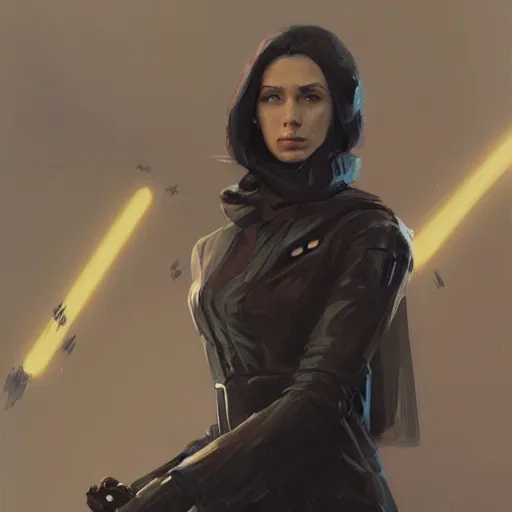 Prompt: portrait of a woman by greg rutkowski, anya solo, black bob hair, tall and slender, star wars expanded universe, wearing a black flying jacket, she is about 2 0 years old, highly detailed portrait, digital painting, artstation, concept art, smooth, sharp foccus ilustration, artstation hq