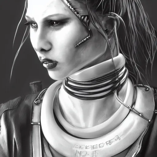 Prompt: detailed realistic cyberpunk female character cyberpunk wearing large steel collar around neck, realistic, art, beautiful, 4K, collar, choker, collar around neck, punk, artstation, detailed, female, woman, choker, cyberpunk, neon, punk, collar, choker, collar around neck, thick collar, choker around neck, wearing choker, wearing collar, bright neon punk hair,