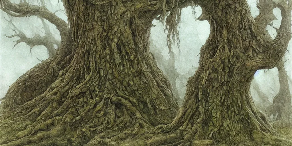 Image similar to Artwork by John Howe of The corpse of a giant that has a tree growing through its chest.