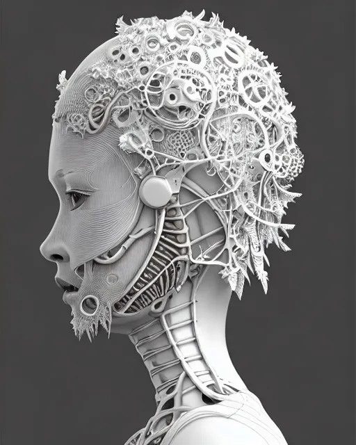 Image similar to bw 3 d render, stunning beautiful young cute biomechanical albino female cyborg with a porcelain profile face, angelic, rim light, big leaves and stems, roots, fine foliage lace, alexander mcqueen, art nouveau fashion embroidered, steampunk, silver filigree details, hexagonal mesh wire, mandelbrot fractal, elegant, artstation trending