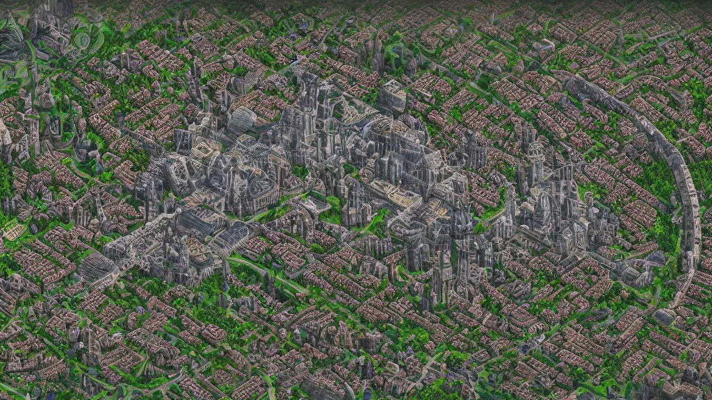Image similar to a overhead map of a large holy city with a large tower in the center surrounded by rivers and a forest, trending on artstation