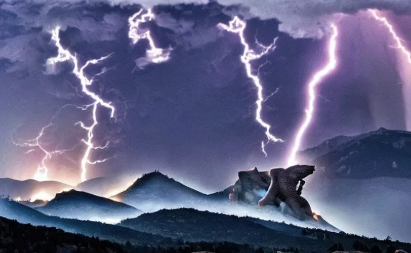 Image similar to gigachad fighting zeus on top of a mountain, fire, lightning, shockwave, explosion