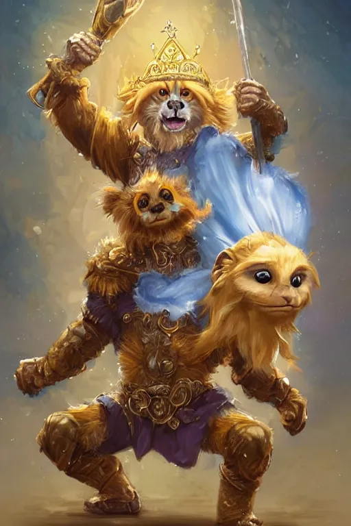 Image similar to cute anthropomorphic Golden lion tamarin knight wearing a cape and a crown, tiny, small, miniature bear, baby animal, short, pale blue armor, cute and adorable, pretty, beautiful, DnD character art portrait, matte fantasy painting, DeviantArt Artstation, by Jason Felix by Steve Argyle by Tyler Jacobson by Peter Mohrbacher, cinematic lighting