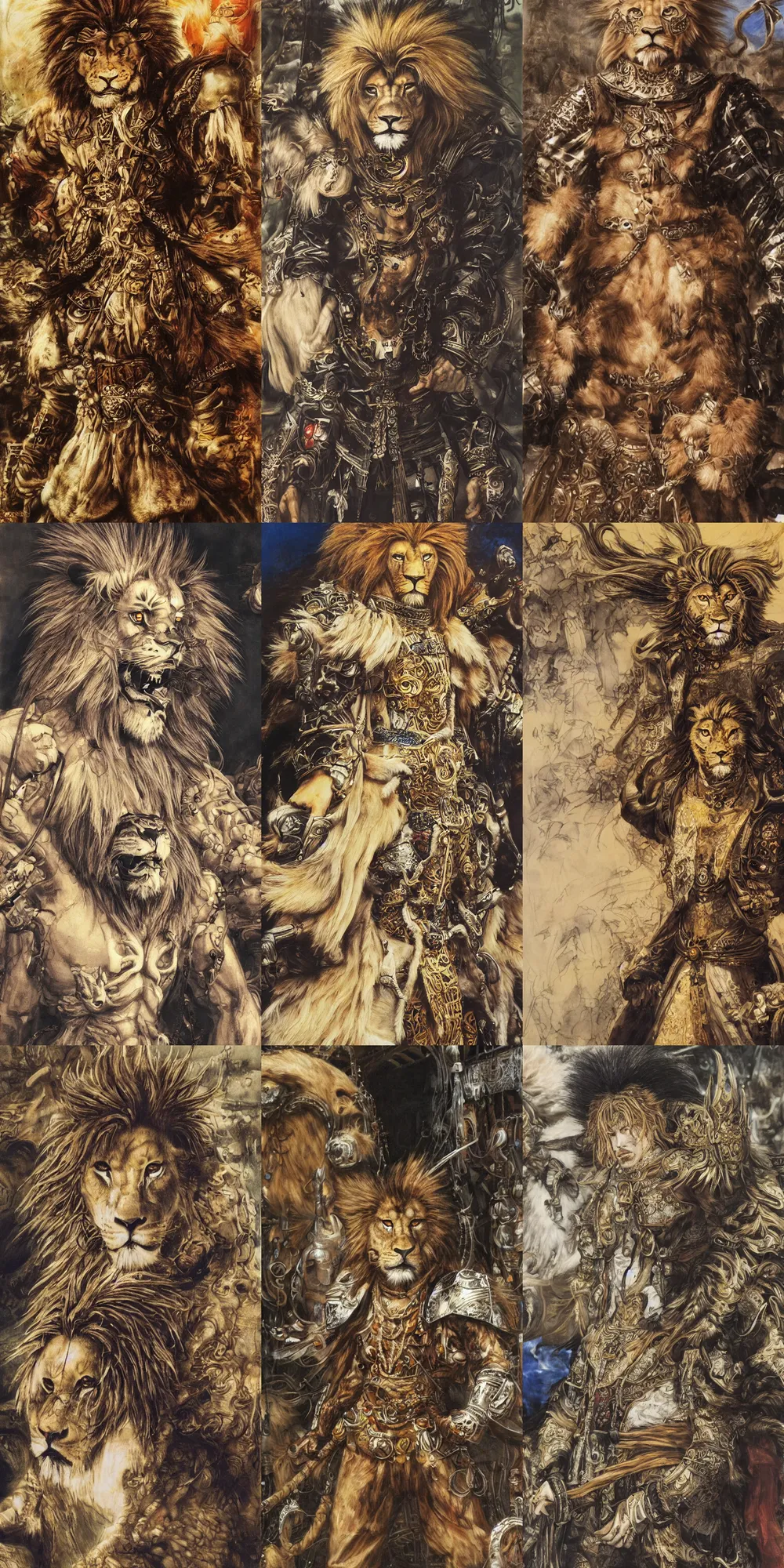 Image similar to 8 k yoshitaka amano painting of upper body of a young cool looking lion beastman with white mane at a medieval market at windy day. depth of field. he is wearing complex fantasy clothing. he has huge paws. renaissance style lighting.