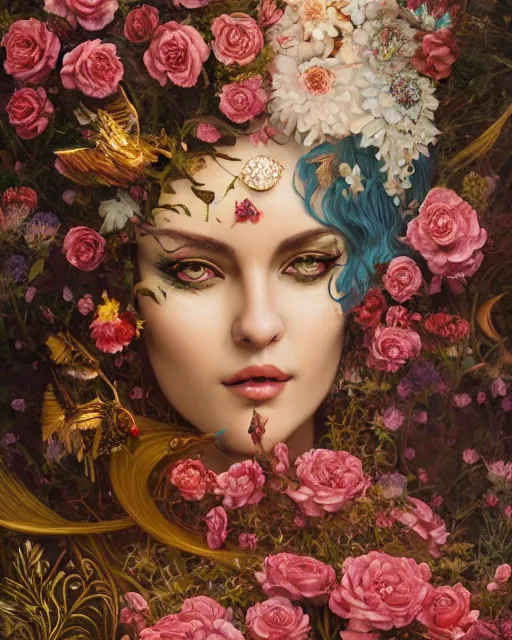 Image similar to portrait of the arabic queen of the underworld, surrounded by flowers by karol bak, james jean, tom bagshaw, rococo, sharp focus, trending on artstation, cinematic lighting, hyper realism, octane render, 8 k, hyper detailed.