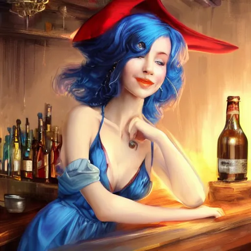 Prompt: a smiling happy beautiful barmaid with short blue hair wearing a satin red dress in a rustic saloon, beautiful blue eyes, fantasy, intricate and very beautiful and elegant, highly detailed, digital painting, artstation, concept art, smooth and sharp focus, illustration, art by peter mohrbacher and tan zi and artgerm