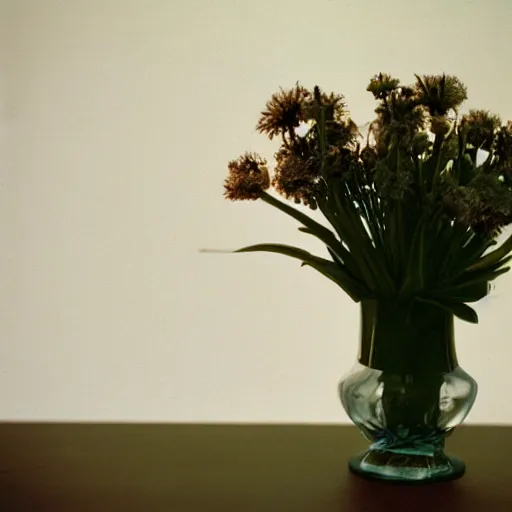 Prompt: telelens photo of a vase on a table, pentax k1000