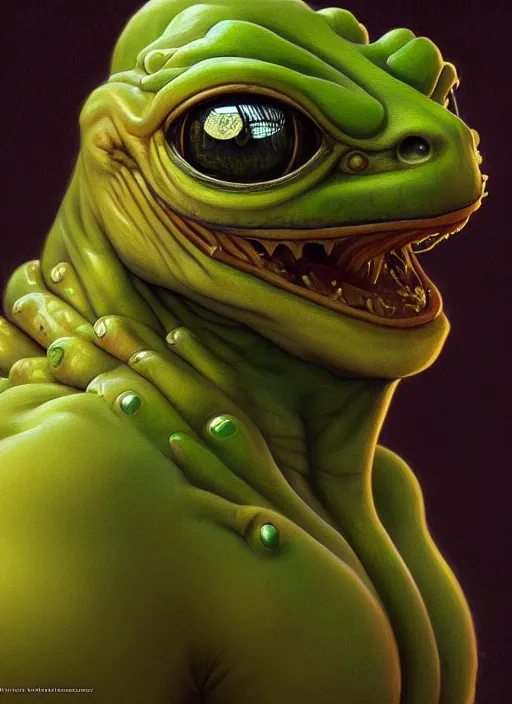 Image similar to 4 chan pepe, drool, portrait, intricate, elegant, highly detailed, digital painting, artstation, concept art, wallpaper, smooth, sharp focus, illustration, art by h. r. giger and artgerm and greg rutkowski and alphonse mucha