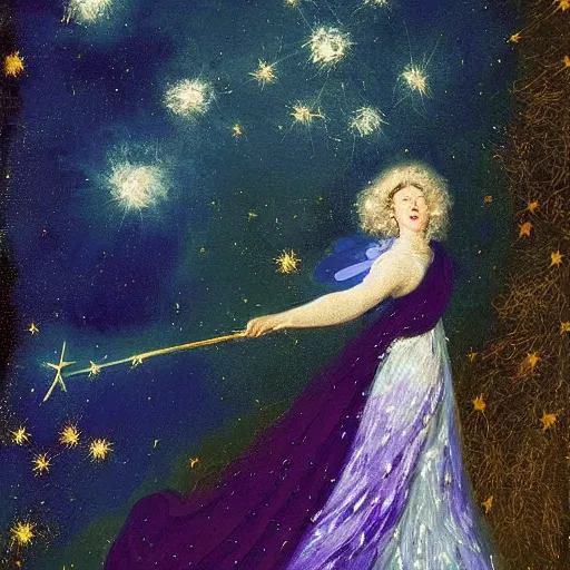 Image similar to The experimental art features a woman with wings made of stars, surrounded by a blue and white night sky. The woman is holding a staff in one hand, and a star in the other. She is wearing a billowing white dress, and her hair is blowing in the wind. violet by Mordecai Ardon, by Ivan Shishkin turbulent, earthy