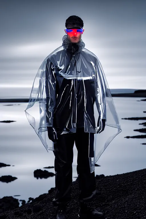 Image similar to an ultra high definition professional high fashion portrait studio full length photograph of a male model wearing a transparent pearlescent raincoat and neon visor in an icelandic black rock environment at dawn. no artefacts. extremely detailed. stark. refraction. shallow depth of field. volumetric light and shadow. ray tracing. light rays.