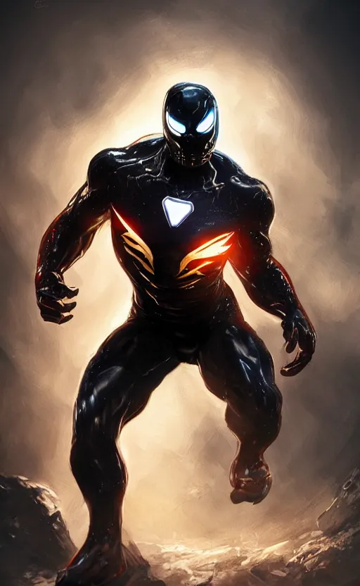 Image similar to venom as ironman, dynamic lighting, photorealistic fantasy concept art, trending on art station, stunning visuals, terrifying, creative, cinematic