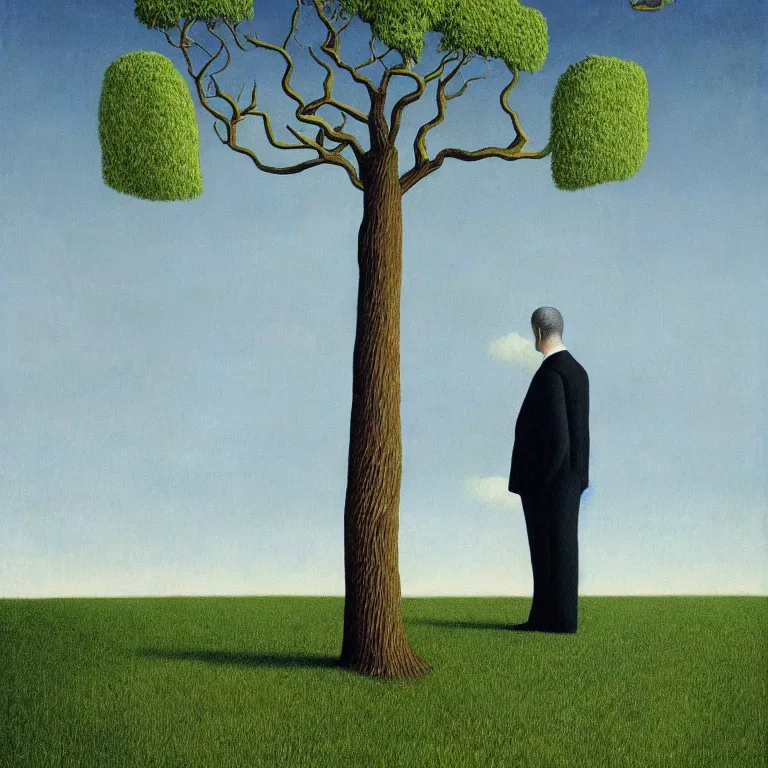 Prompt: portrait of a faceless tree - head man in a suit, clouds in the background, by rene magritte, detailed painting, distance, middle centered, hd, hq, high resolution, high detail, 4 k, 8 k