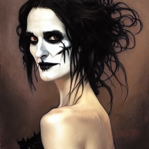 Image similar to portrait of winona ryder as death from sandman, gentle smile, by cedric peyravernay, boris vallejo, alphonse mucha, by jeremy mann, by lecouffe deharme, goth chic, soft lightning, eyeliner, punk rock, high detailed, 8 k, hyperrealism, donato giancola, joseph christian leyendecker, illustration, artgerm