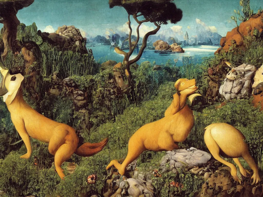 Image similar to Fauna on Jupiter a million years ago. Colorful rocks. Painting by Arnold Bocklin, Walton Ford, Henri Rousseau