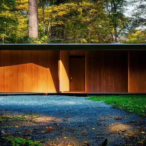 Prompt: architecture ad for a mid-century modern house in the middle of the wood designed by bjarke Ingels. grain, cinematic, colorized, blue hue