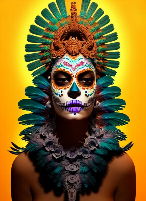 Image similar to 3 d mexican goddess profile portrait. beautiful intricate highly detailed day of the dead mask and feathers. low - key lighting, bioluminescent, plasma, lava, ice, water, wind, creature, tlahuelpuchi, artwork by tooth wu and wlop and beeple and greg rutkowski, 8 k trending on artstation,