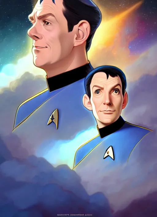 Image similar to cute star trek officer henning wehn, natural lighting, path traced, highly detailed, high quality, digital painting, by don bluth and ross tran and studio ghibli and alphonse mucha, artgerm