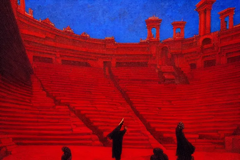 Image similar to only with red, a red melted emperor, taormina amphitheatre, crowd hails him, in the style of beksinski, parts by edward hopper, parts by rodcenko, parts by yue minjun, intricate and epic composition, red by caravaggio, insanely quality, highly detailed, masterpiece, red light, artstation, 4 k