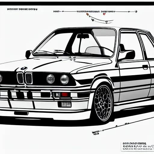 Image similar to detailed schematics to a bmw e 3 0 draw plans sketch