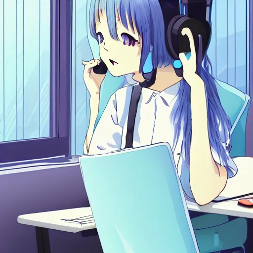 Prompt: high definition anime portrait of a pastel blue haired anime girl sitting at a desk studying with headphones on, background is a window looking out into a busy Tokyo district, lo-fi art, by Studio Ghibli, trending on artstation, sharp high quality anime, digital art, photoshop, proportionate, ambient lighting