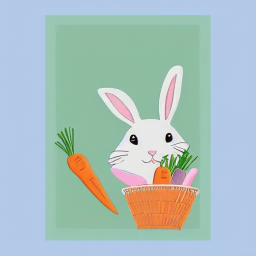 Image similar to “screen print in pastel shades of a bunny dressed in overalls carrying a basket of carrots” H -704 C 17.0