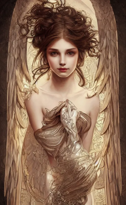 Image similar to a photograpic portrait of a pretty woman, angel, fantasy, intricate, elegant, highly detailed, digital painting, artstation, centered, concept art, smooth, sharp focus, illustration, art by artgerm and h r giger and alphonse mucha