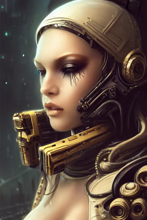 Image similar to soft lustrous ebony ivory biotech raver gutter punk gothic cyborg, golden ratio, details, scifi, fantasy, cyberpunk, intricate, decadent, highly detailed, digital painting, octane render, artstation, concept art, smooth, sharp focus, illustration, art by artgerm, loish, wlop