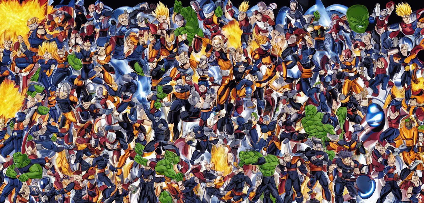 Image similar to the avengers in the style of Dragonball z characters, anime, 8k resolution digital art