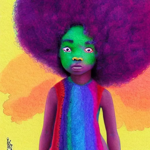 Image similar to a black girl with a colorful afro and rainbow eyes, dressed like a superhero in the city, bokeh, bright colours, watercolor, volumetric wool felting, macro photography, children illustration, by goro fujita