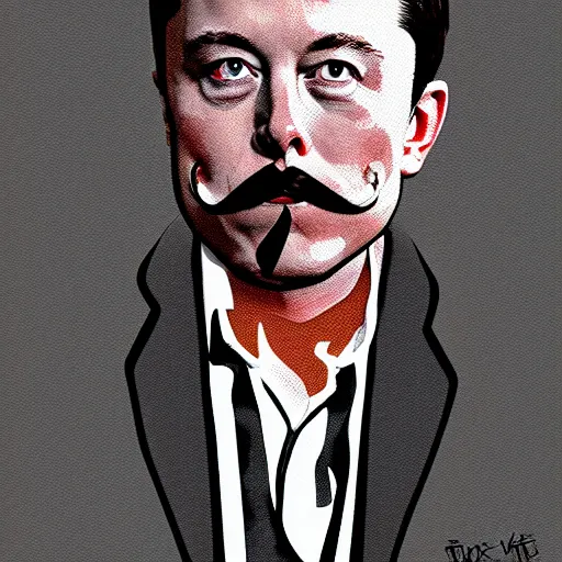 Prompt: Elon Musk in a suit wearing a moustache, digital art, pop art