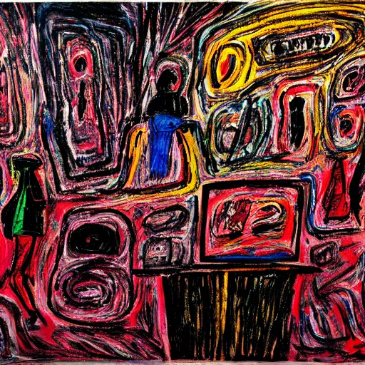 Image similar to inside a dark club, dancing, room is full of people, crowded, disco light, abstract expressionism, artwork by phillip guston