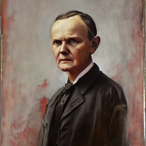 Image similar to calvin coolidge as a dnd fantasy tiefling, horned coolidge epic painting. official portrait, dnd character painting by gibbs - coolidge. oil on canvas, wet - on - wet technique, underpainting, grisaille, realistic. restored face.