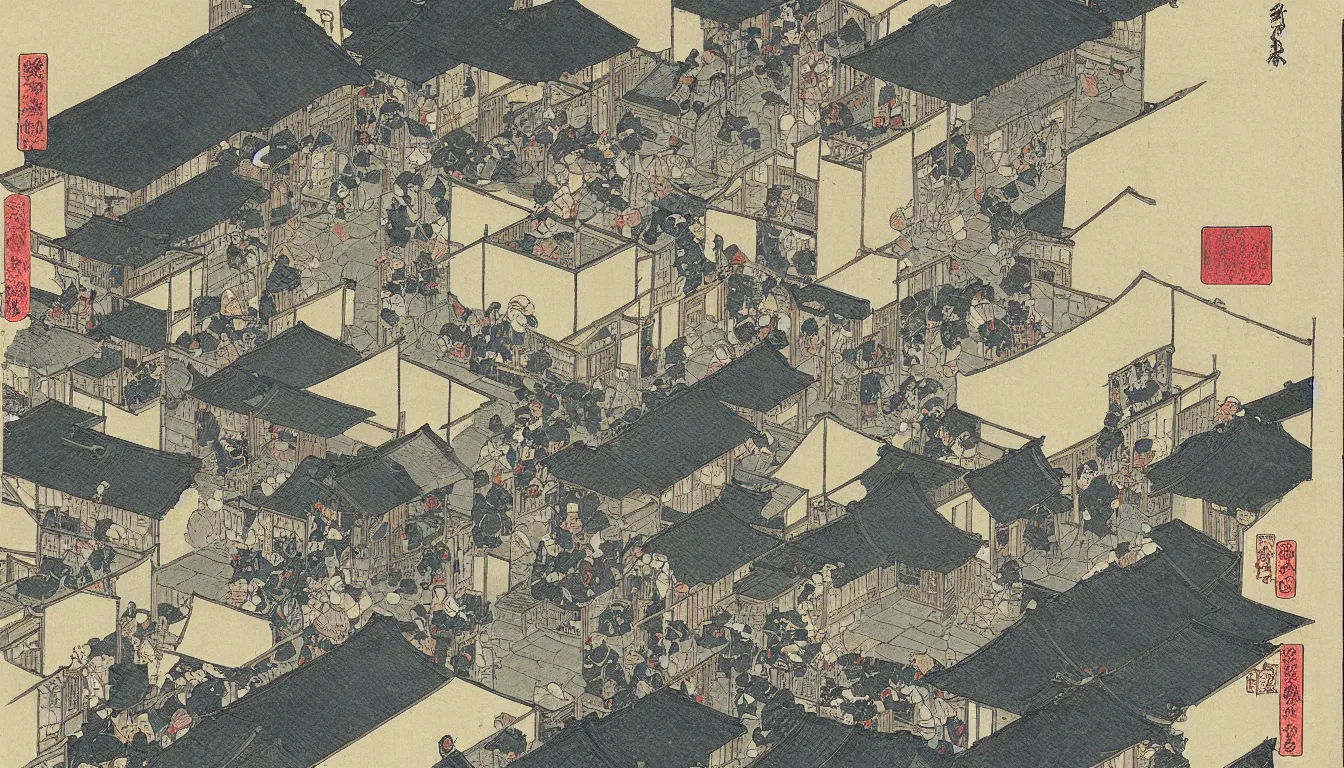 Image similar to old street scene in japan hokusai