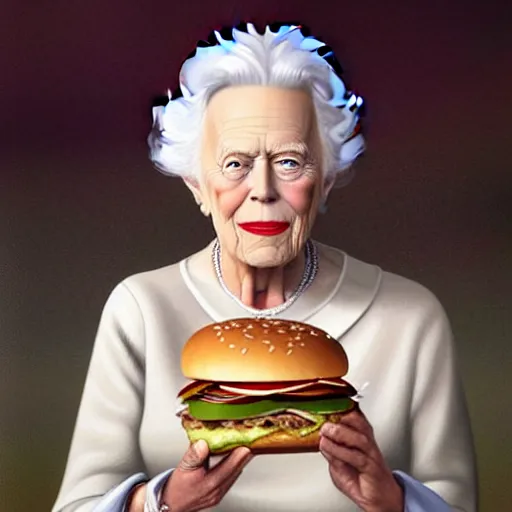 Image similar to portrait of Barbara Bush eating hamburgers, extra onions and ketchup, luscious patty with sesame seeds, feminine ethereal, handsome, D&D, fantasy, intricate, elegant, highly detailed, digital painting, artstation, concept art, matte, sharp focus, illustration, art by Artgerm and Greg Rutkowski and Alphonse Mucha