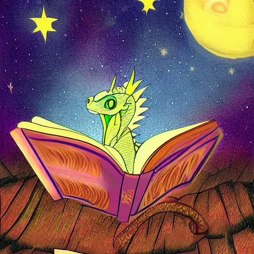 Prompt: dragon reading book under the stars, digital art